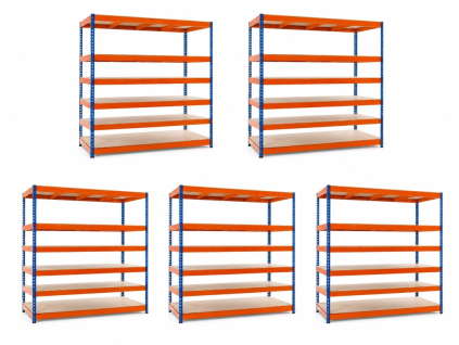 3353 akcni balicek 5 ks lakovany modro oranzovy regal 260x150x60 cm 6 polic nosnost 3000 kg mamutex heavy